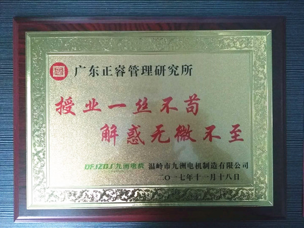 溫嶺市九洲電機(jī)制造有限公司贈與廣州正睿授業(yè)一絲不茍與，解惑無微不至牌匾
